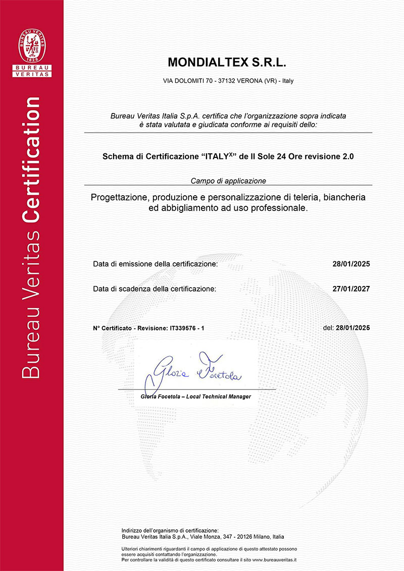 Certificato IT339576 - ItalyX - MONDIALTEX S.R.L.